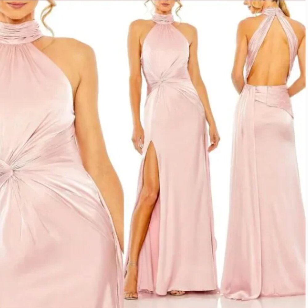 MAC DUGGAL 11642 OPEN BACK HIGH NECK SIDE RUCHED SHELL PINK GOWN sz 10